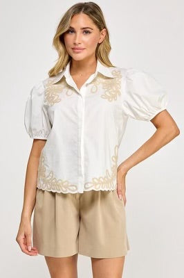 WHITE AND BEIGE EMBROIDERED TOP